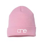 Pink cuffed beanie with white One logo.