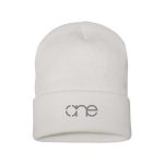 White cuffed beanie with grey One logo.