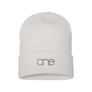 White cuffed beanie with grey One logo.