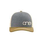 Heather Grey, Cream and Coyote Brown "One" Trucker Hat with Cream logo, snapback, front side view.