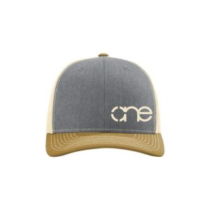 Heather Grey, Cream and Coyote Brown "One" Trucker Hat with Cream logo, snapback, front side view.