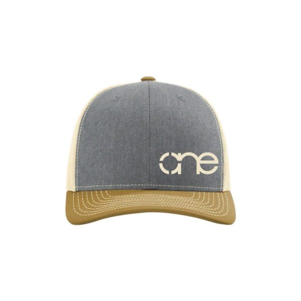 Heather Grey, Cream and Coyote Brown "One" Trucker Hat with Cream logo, snapback, front side view.