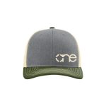 Heather Grey, Cream and Olive "One" Trucker Hat with Cream logo, snapback, front side view.
