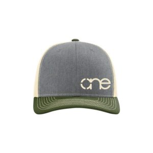 Heather Grey, Cream and Olive "One" Trucker Hat with Cream logo, snapback, front side view.