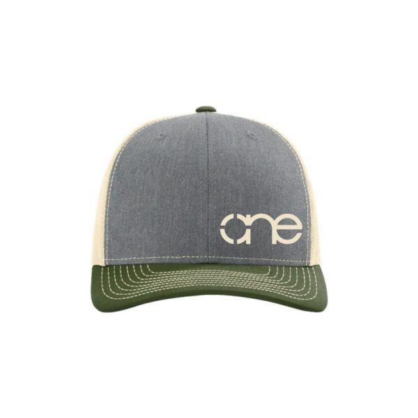 Heather Grey, Cream and Olive "One" Trucker Hat with Cream logo, snapback, front side view.