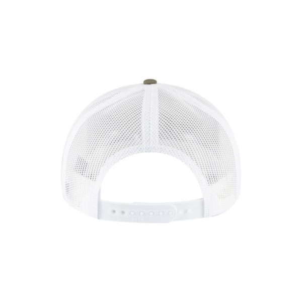 Olive and White "One" Trucker Hat with White logo, snapback, back side view.