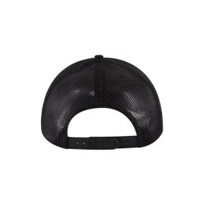 Heather Grey, Black and Black "One" Trucker Hat with Black logo, snapback, back side view.