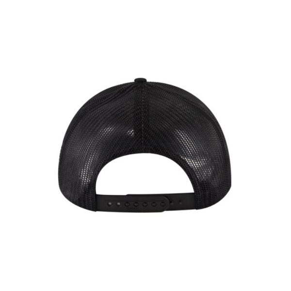 Heather Grey, Black and Black "One" Trucker Hat with Black logo, snapback, back side view.