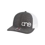 Heather Black (Chambray) and White "One" Trucker Hat with White logo, snapback, front side view.