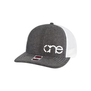 Heather Black (Chambray) and White "One" Trucker Hat with White logo, snapback, front side view.