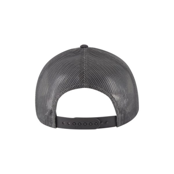 Heather Grey, Charcoal and Charcoal "One" Trucker Hat with Charcoal logo, snapback, back side view.