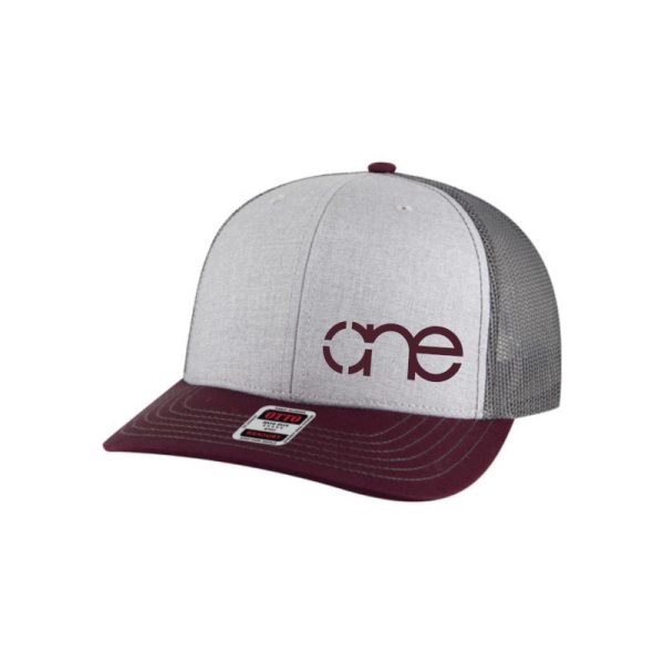 Heather Grey, Charcoal and Maroon "One" Trucker Hat with Maroon logo, snapback, front side view. Heather Grey, Charcoal and Maroon "One" Trucker Hat with Maroon logo, snapback, front side view.