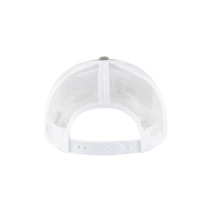 Heather Charcoal (Chambray) and White "One" Trucker Hat with White logo, snapback, back side view.