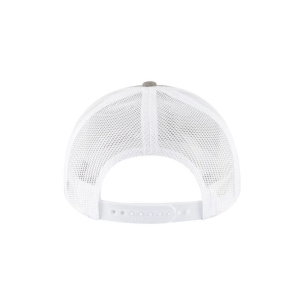 Heather Charcoal (Chambray) and White "One" Trucker Hat with White logo, snapback, back side view.