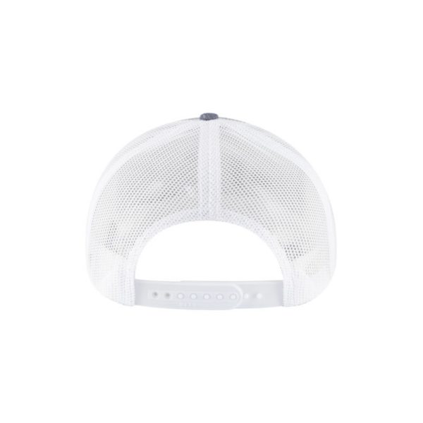 Heather Navy Blue (Chambray) and White "One" Trucker Hat with White logo, snapback, back side view.