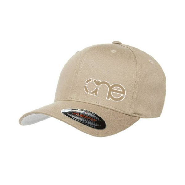 Large / X-Large Khaki Flexfit hat with khaki "One" logo with white outline, front side view. Large / X-Large Khaki Flexfit hat with khaki "One" logo with white outline, front side view.