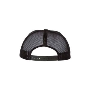 Black Denim "One" Trucker Hat with Black logo and white outline, snapback, back view.