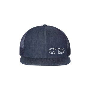 Navy Blue Denim "One" Trucker Hat with Navy Blue logo and white outline, snapback, front view.