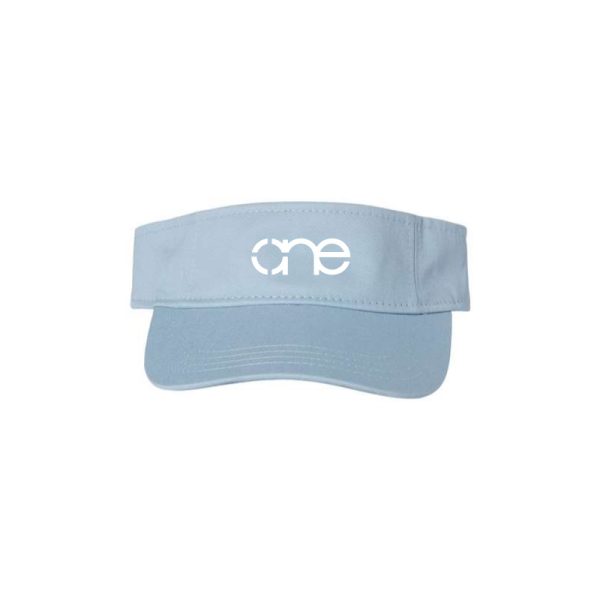 Light Blue "One" Visor Hat with White logo, hook and loop (velcro), front side view. Light Blue "One" Visor Hat with White logo, hook and loop (velcro), front side view.