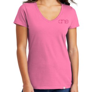 Ladies new pink short sleeve V-neck "One" embroidered Christian tee shirt, front view.
