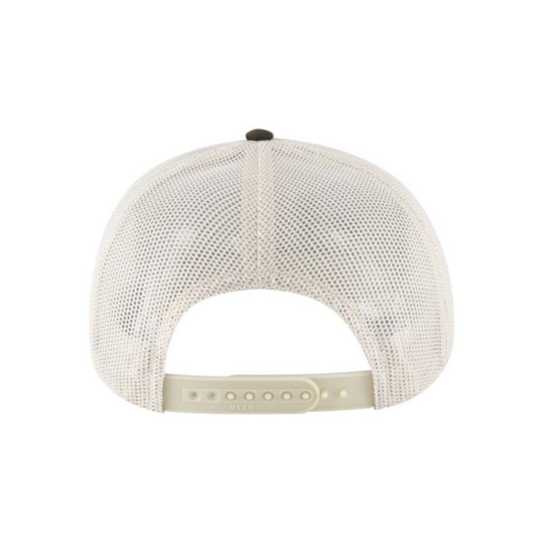 Dark Olive and Light Khaki "One" Trucker Hat with Light Khaki logo, snapback, back view.