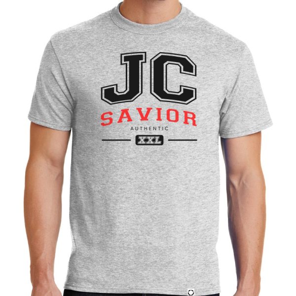 Mens sport grey short sleeve "JC Savior" Christian tee shirt, front view. Mens sport grey short sleeve "JC Savior" Christian tee shirt, front view.