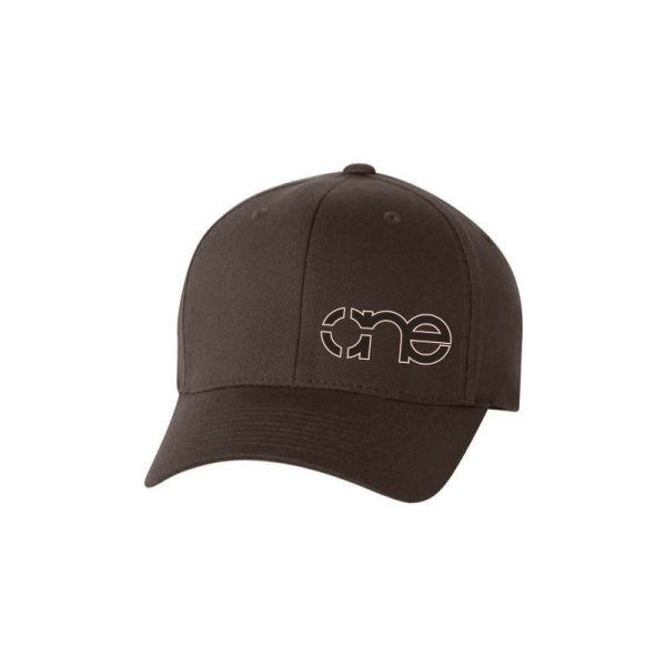 Brown 6-Panel Flexfit Hat, featuring the "One" logo in brown with cream outline, structured bill, LG/XL, front side view. Brown 6-Panel Flexfit Hat, featuring the "One" logo in brown with cream outline, structured bill, LG/XL, front side view.