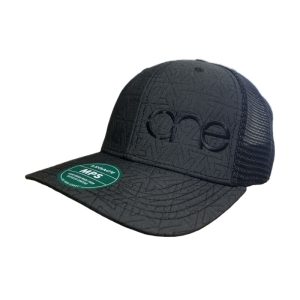 Black, Quilted, 6-Panel Trucker Hat, featuring the "One" logo in Black, structured bill, snap-back closure, front view.