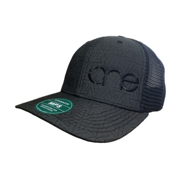 Black, Quilted, 6-Panel Trucker Hat, featuring the "One" logo in Black, structured bill, snap-back closure, front view.