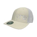 Natural and White, Quilted, 6-Panel Trucker Hat, featuring the "One" logo in White, structured bill, snap-back closure, front view.