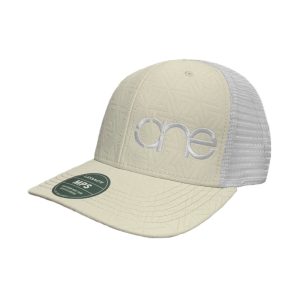 Natural and White, Quilted, 6-Panel Trucker Hat, featuring the "One" logo in White, structured bill, snap-back closure, front view.