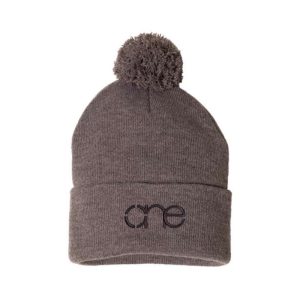 Heather Brown Beanie with Brown One design, with Pom, front view.