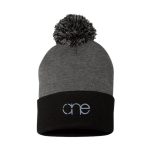 Heather Grey and Black Beanie with Grey One design, with Pom, front view.