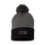 Heather Grey and Black Beanie with Grey One design, with Pom, front view.