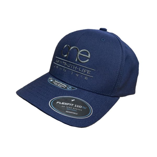 Navy Blue adjustable Flexfit NU Snapback Cap with Grey OWTL (One Way Truth Life) logo, OSFM, side-front view.