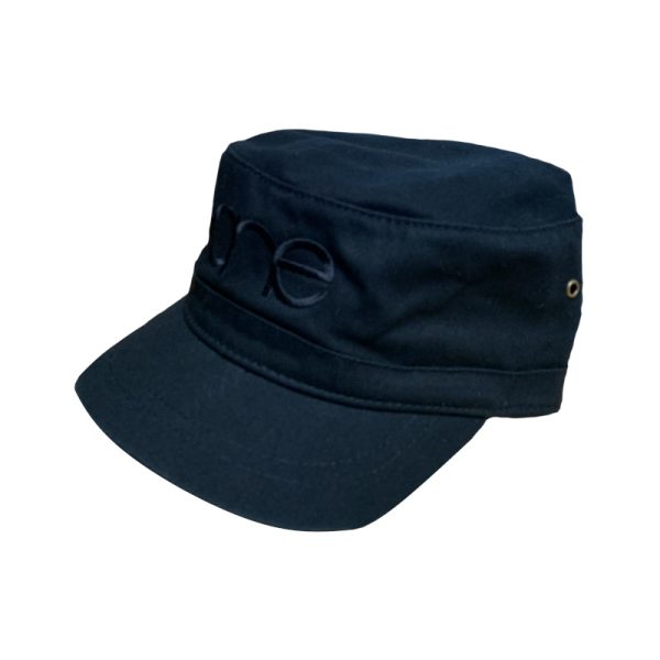 Black adjustable military style cadet cap with the One logo in black, OSFM, side front view. Black adjustable military style cadet cap with the One logo in black, OSFM, side front view.