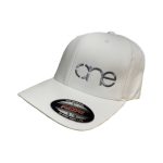 White 6-Panel Flexfit Hat, featuring the "One" logo in grey, structured bill, SM/MD, front side view.