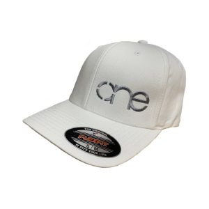 White 6-Panel Flexfit Hat, featuring the "One" logo in grey, structured bill, SM/MD, front side view.