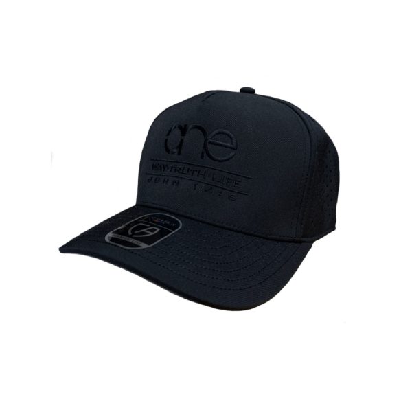 Black, water-resistent perforated, 5-Panel Hat, featuring the "One Way Truth Life" logo in Black, structured bill, snap-back closure, front view.