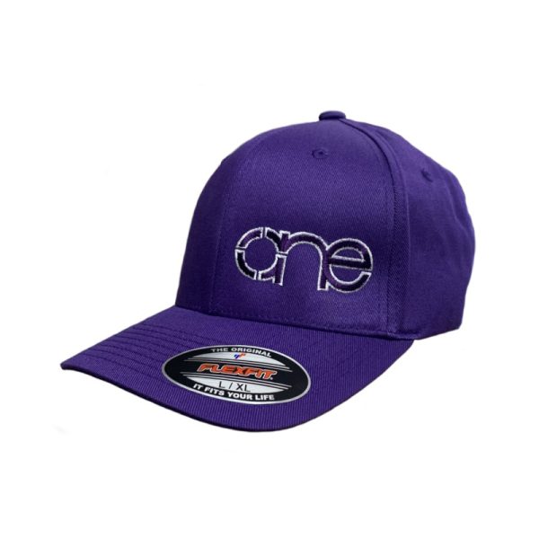 Purple Flexfit Cap with Purple One logo with a White outline, for LG/XL head sizes, side-front view.
