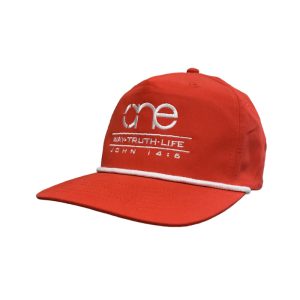 Red, 5-Panel Golf Cap with White rope featuring the "One Way Truth Life" logo in White, semi-curved bill with snap-back closure, front view.
