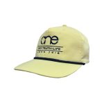 Yellow, 5-Panel Golf Cap with Navy Blue rope featuring the "One Way Truth Life" logo in Navy Blue, semi-curved bill with snap-back closure, front view.