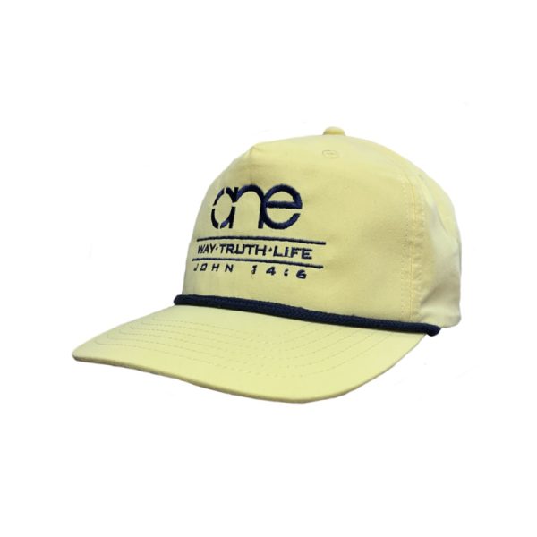 Yellow, 5-Panel Golf Cap with Navy Blue rope featuring the "One Way Truth Life" logo in Navy Blue, semi-curved bill with snap-back closure, front view.