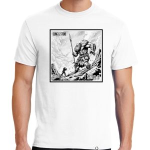Mens white short sleeve "David and Goliath" Christian tee shirt, front view.