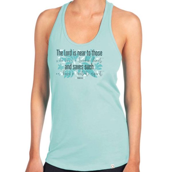 Ladies cancun blue, The Lord is near the brokenhearted, Christian tank top, front view. Ladies cancun blue, The Lord is near the brokenhearted, Christian tank top, front view.
