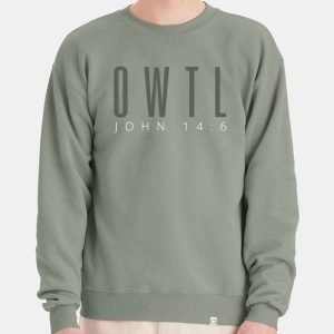 Men's, Dark Sage OWTL John 14:6 Christian sweater, front.