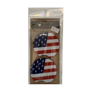 Neoprene American flag car coasters with crosses inside of it's retail package.