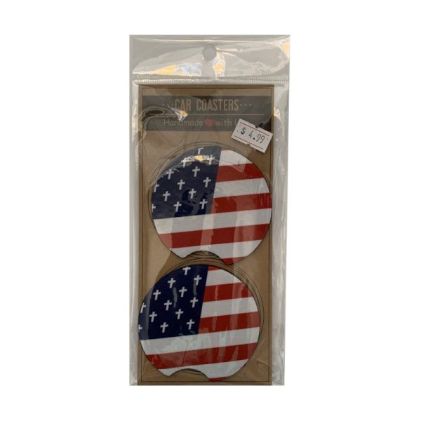 Neoprene American flag car coasters with crosses inside of it's retail package.