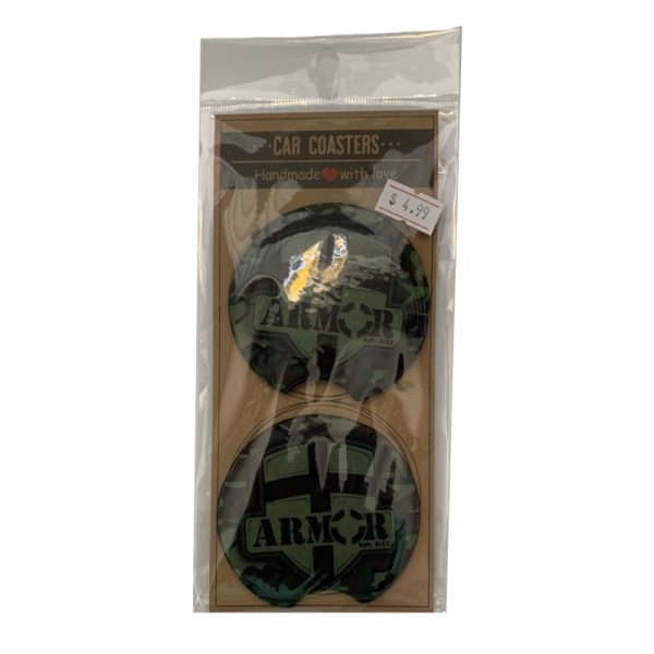 Neoprene Armor of God car coasters inside of it's retail package.