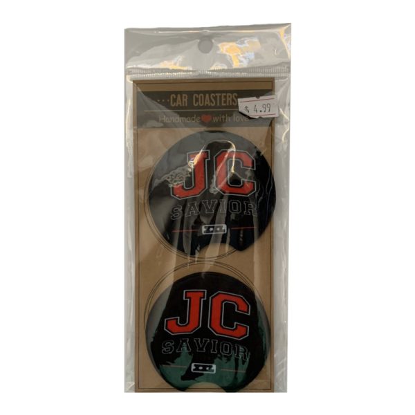Neoprene Jesus Christ Savior car coasters inside of it's retail package.